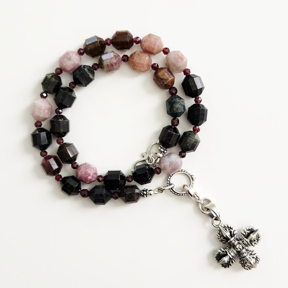 TOURMALINE GEMSTONE NECKLACE WITH 925 DOUBE DORJE CROSS
